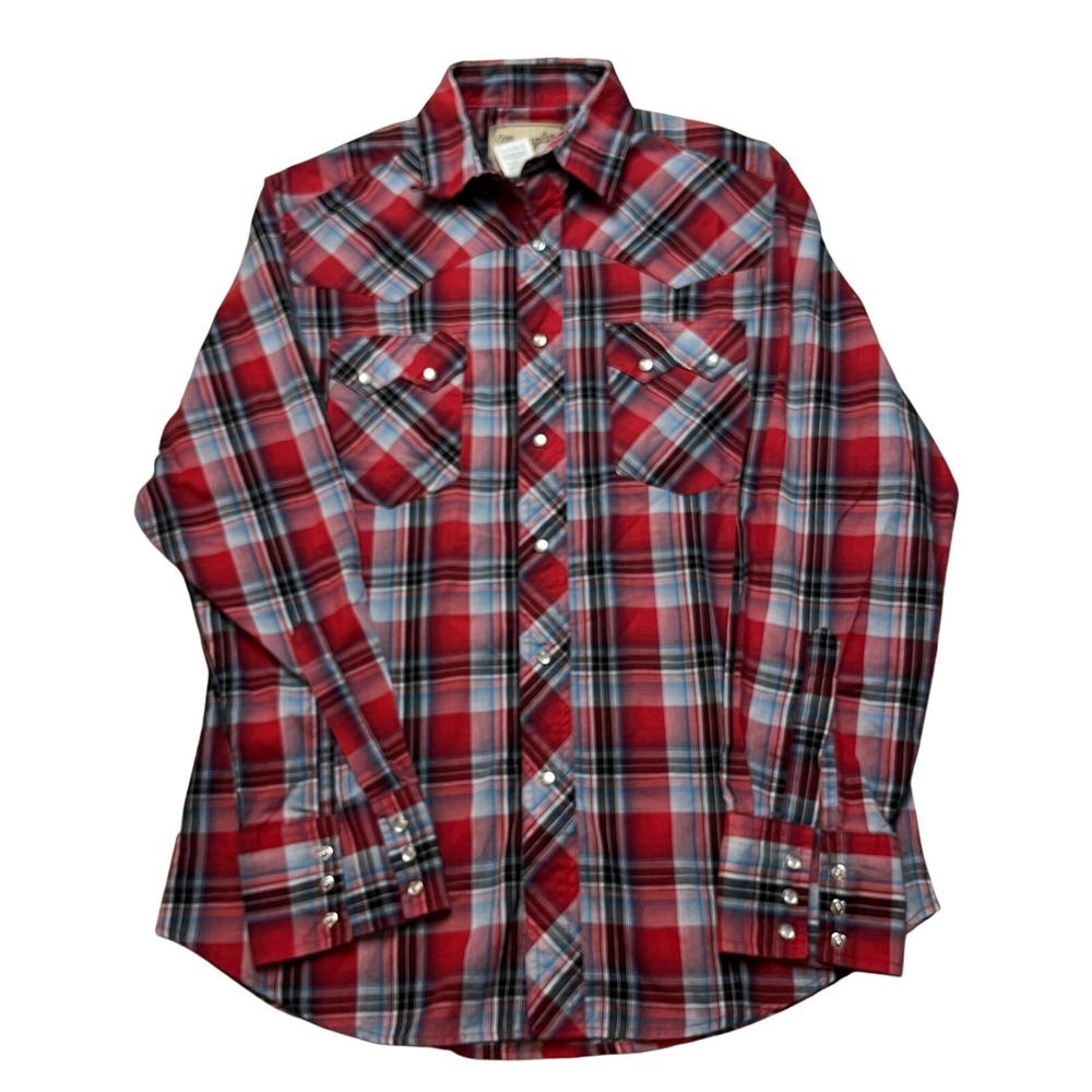 Wrangler Snap‎ Shirt Mens Medium Red Plaid Western Fashion Pearl Snap WM124RD